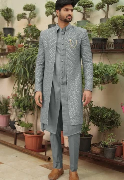Embroidered Georgette Sherwani in Grey