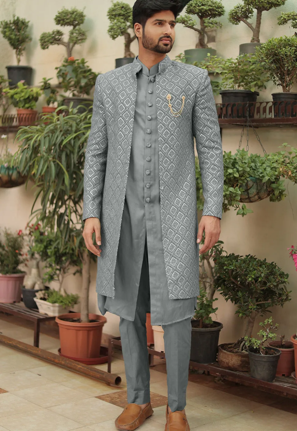 Embroidered Georgette Sherwani in Grey