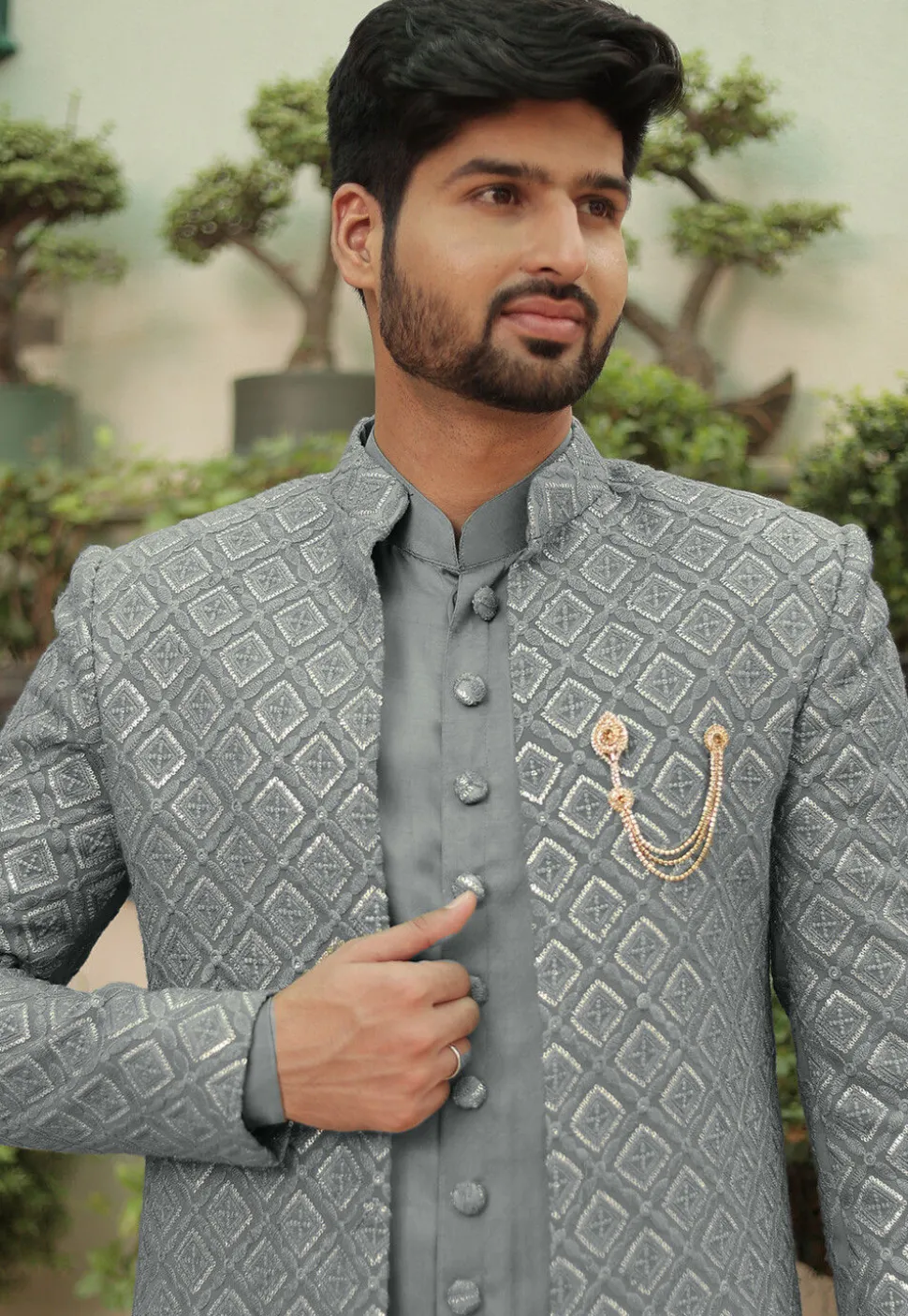 Embroidered Georgette Sherwani in Grey