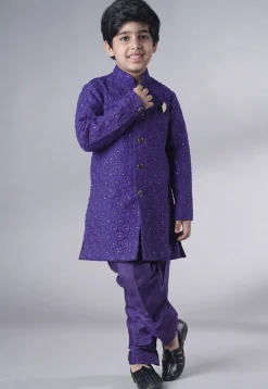 Embroidered Georgette Sherwani Set in Dark Purple