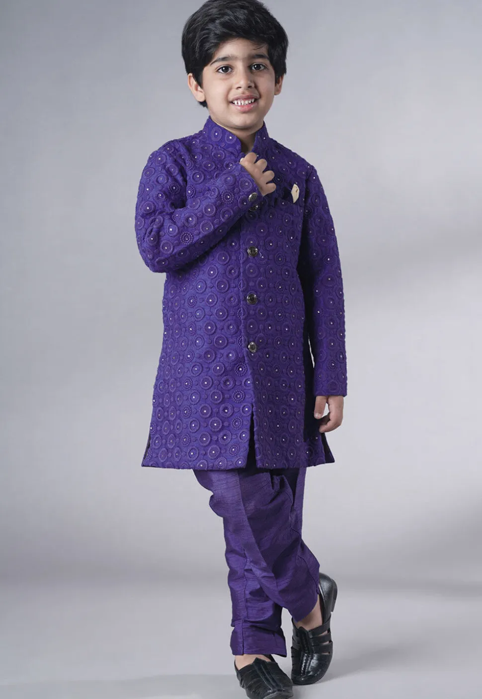 Embroidered Georgette Sherwani Set in Dark Purple