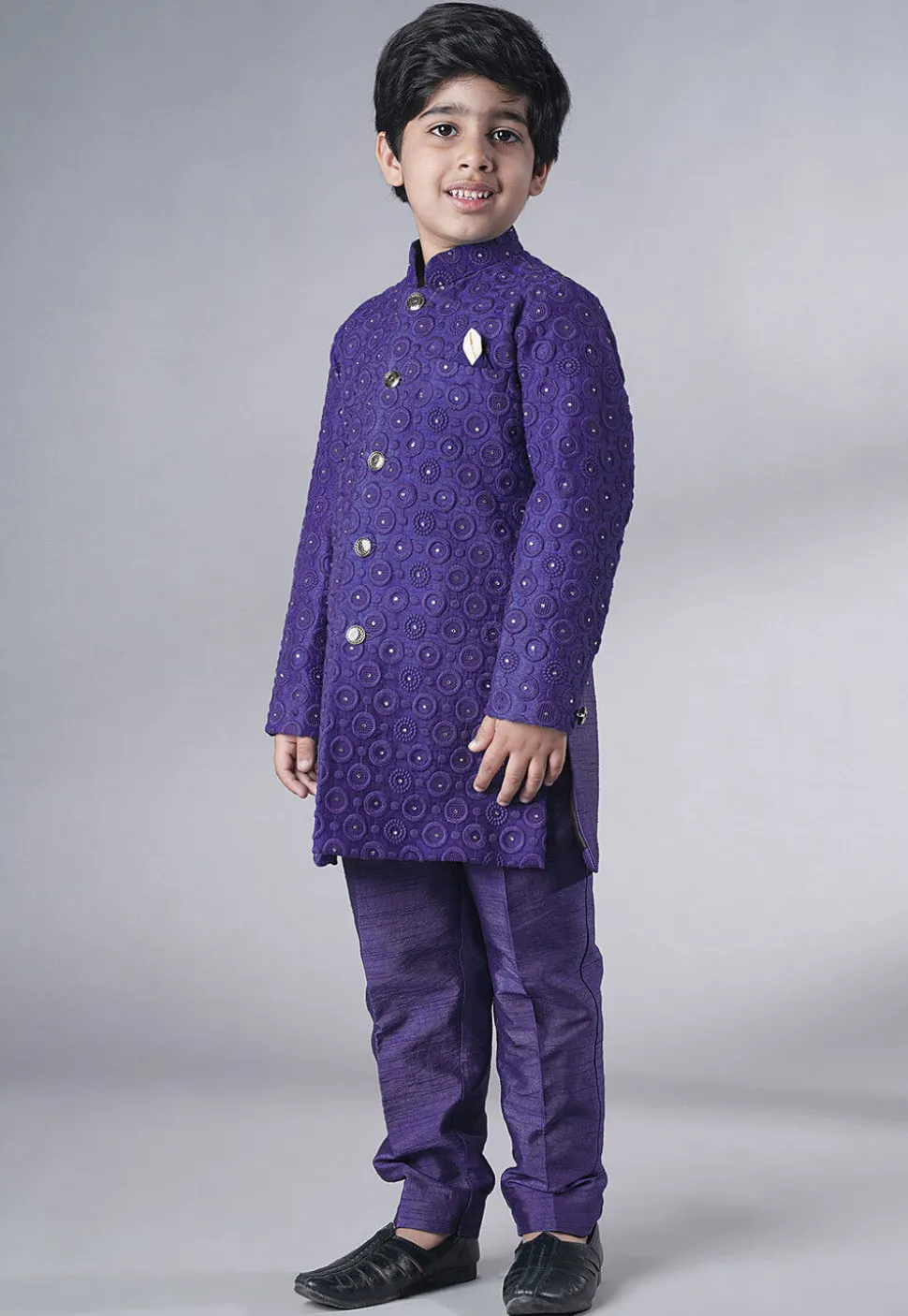 Embroidered Georgette Sherwani Set in Dark Purple