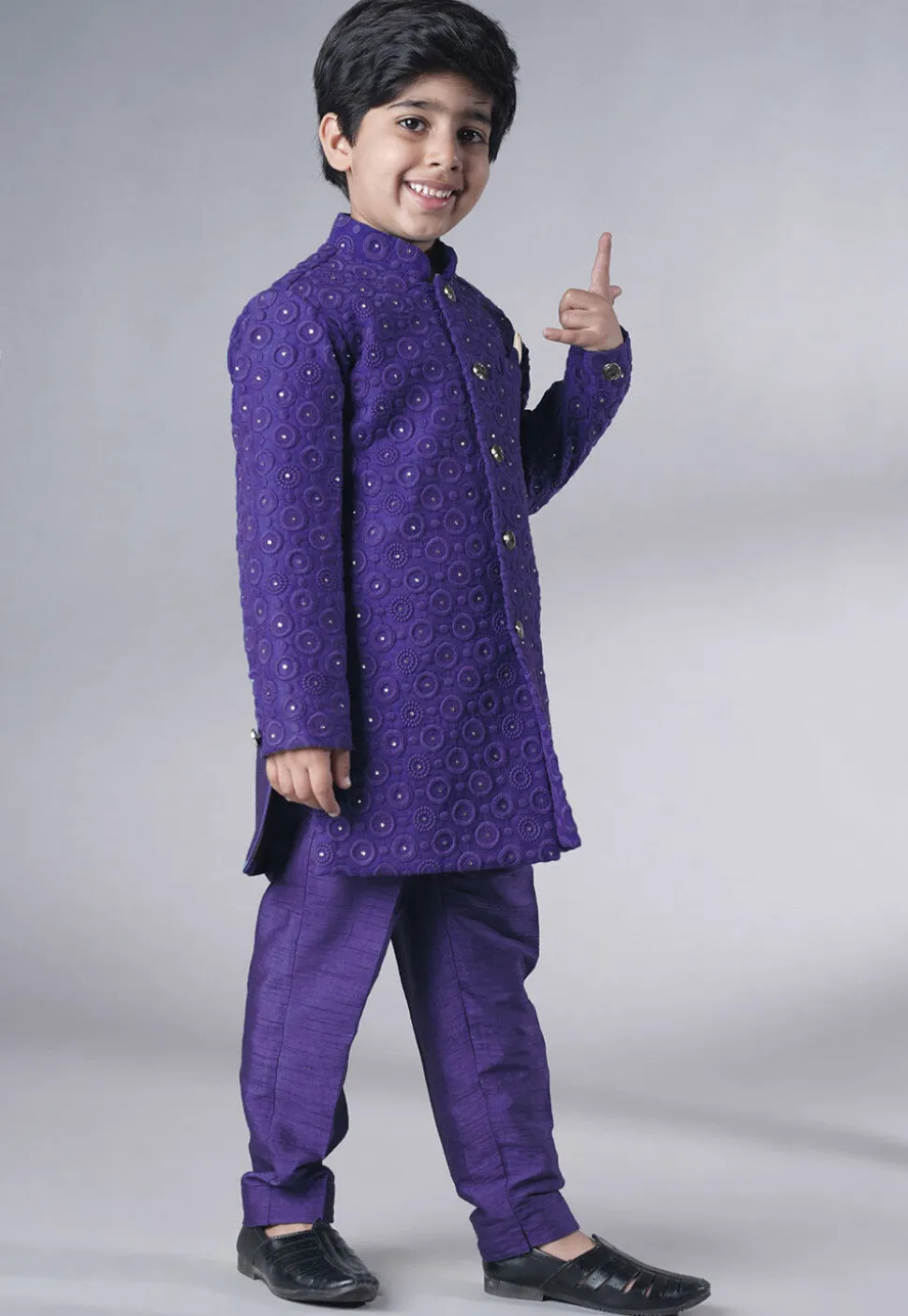 Embroidered Georgette Sherwani Set in Dark Purple