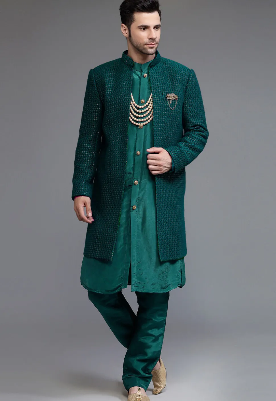 Embroidered Georgette Sherwani in Teal Green