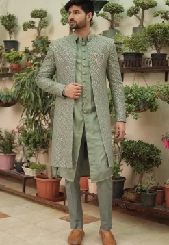 Embroidered Georgette Sherwani in Dusty Green