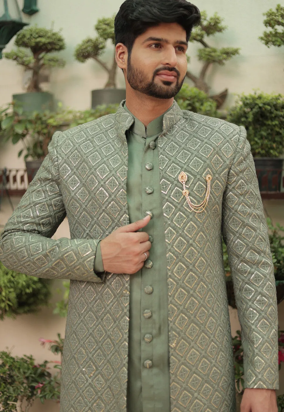 Embroidered Georgette Sherwani in Dusty Green