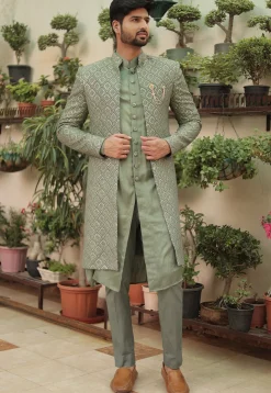 Embroidered Georgette Sherwani in Dusty Green
