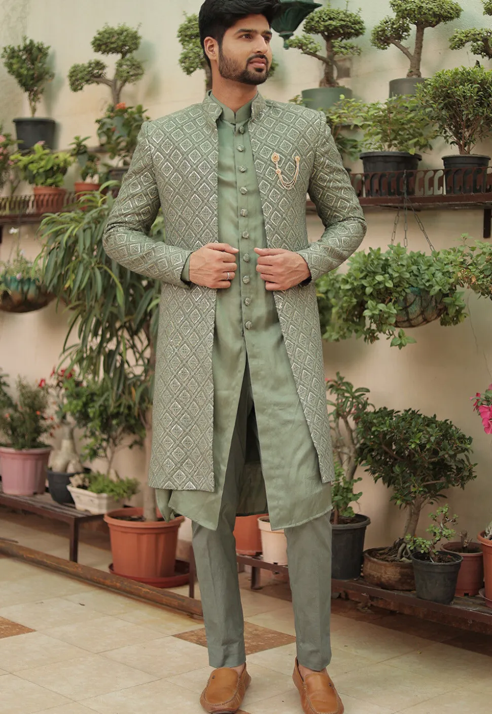 Embroidered Georgette Sherwani in Dusty Green