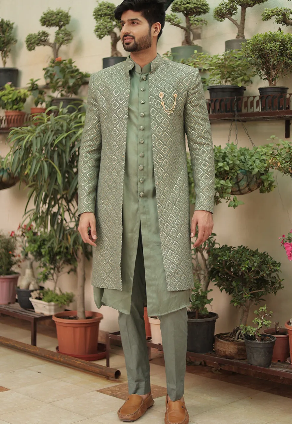 Embroidered Georgette Sherwani in Dusty Green