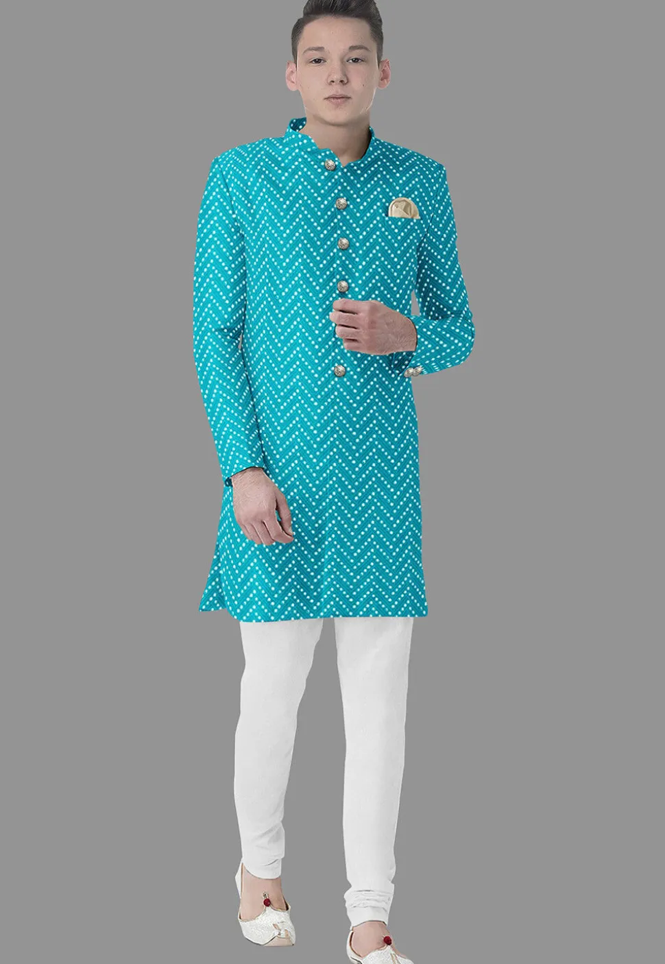 Embroidered Georgette Sherwani in Turquoise