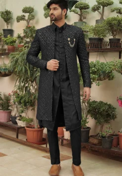 Embroidered Georgette Sherwani in Black
