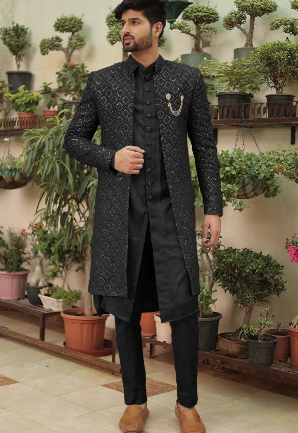 Embroidered Georgette Sherwani in Black