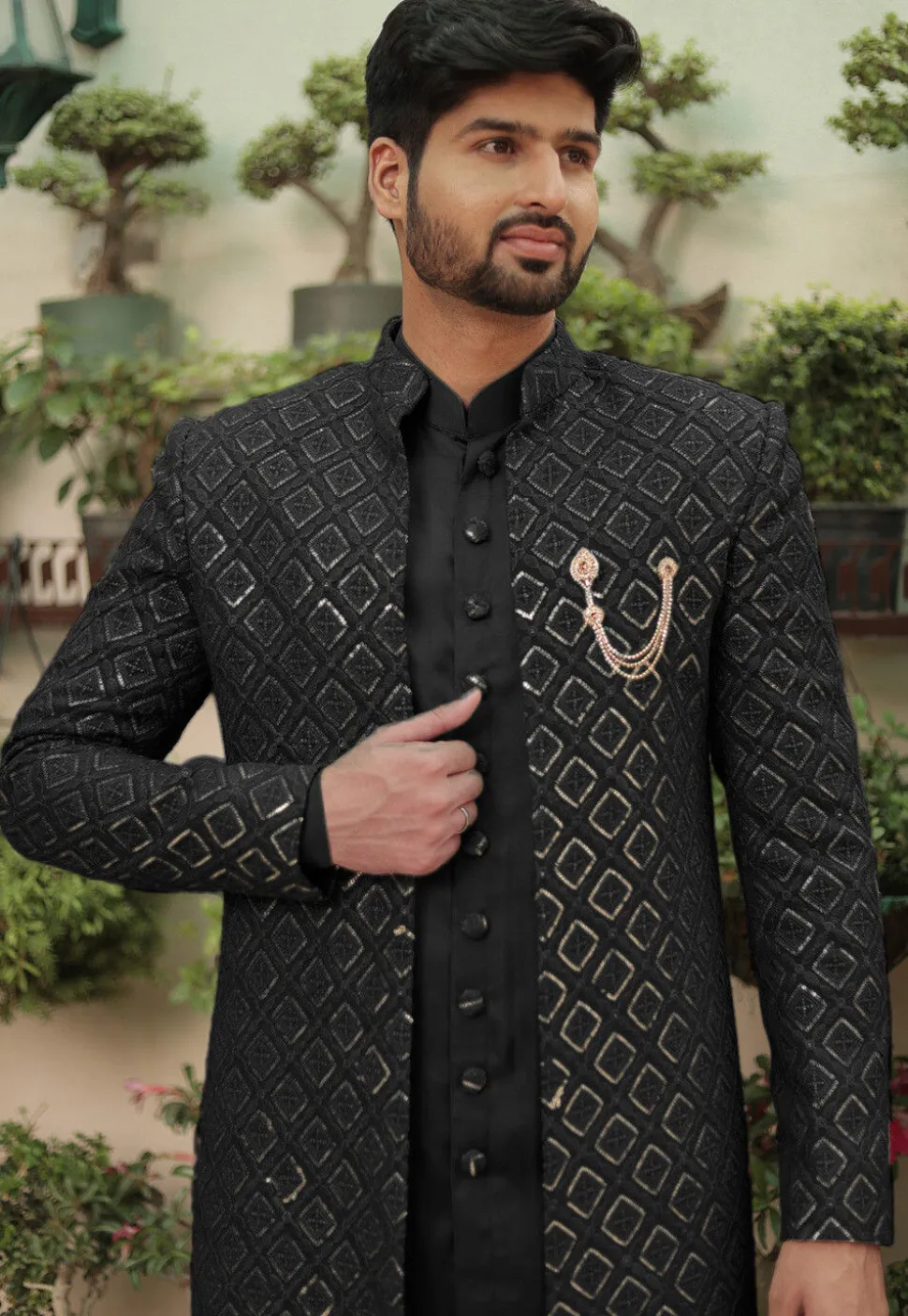 Embroidered Georgette Sherwani in Black