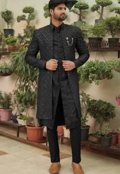 Embroidered Georgette Sherwani in Black