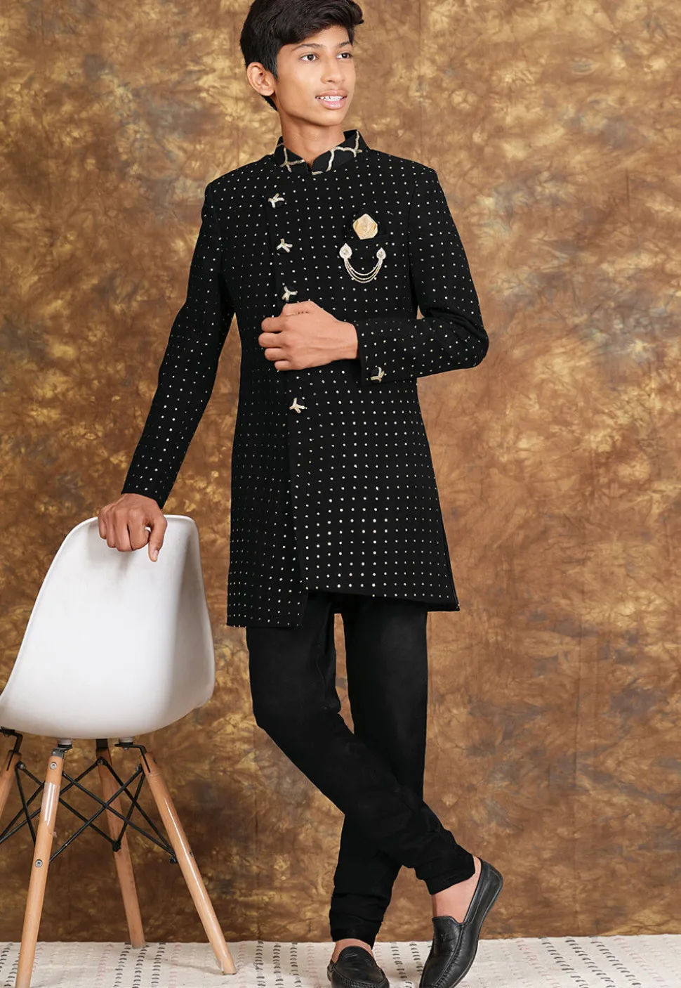 Embroidered Georgette Sherwani in Black