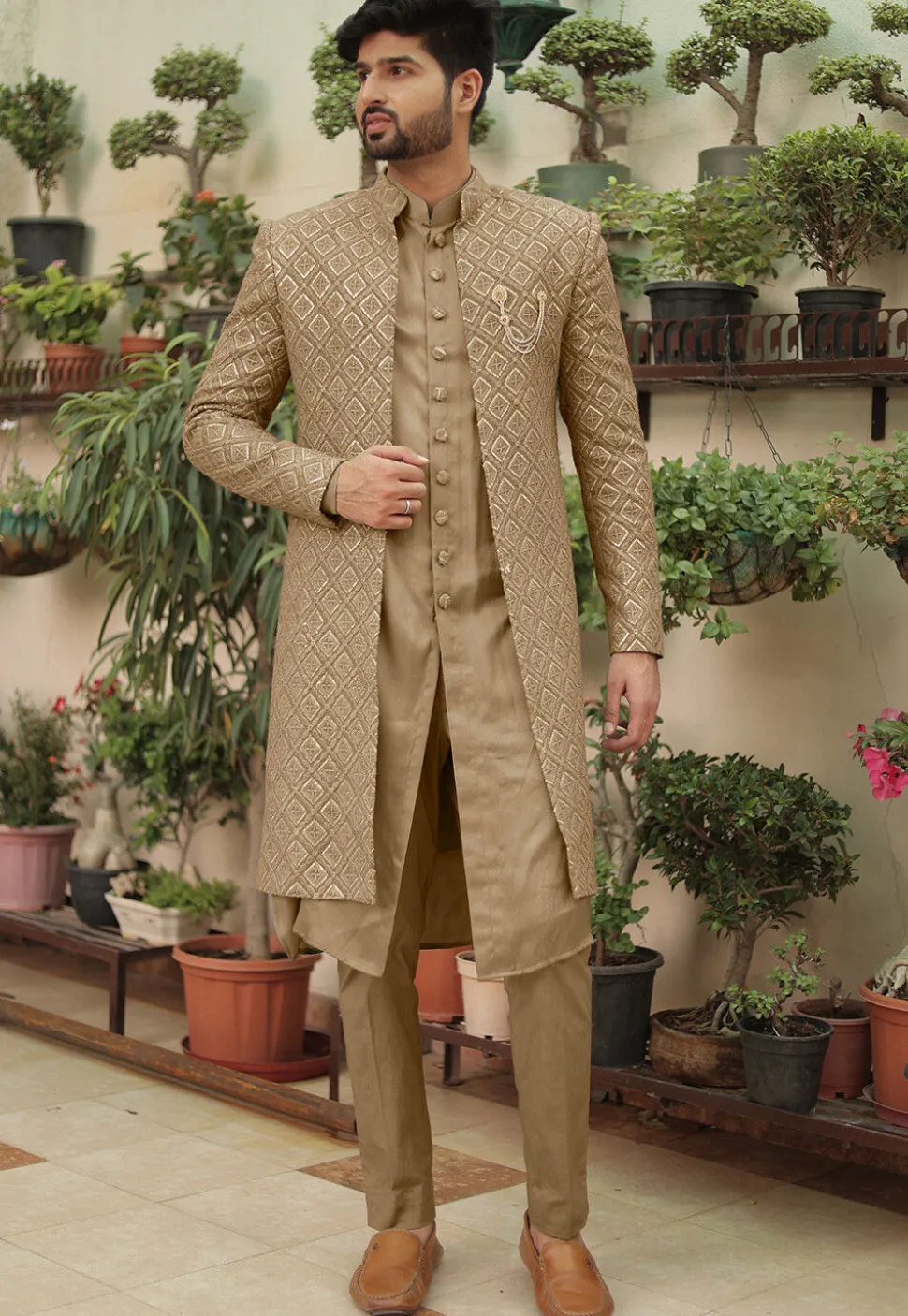 Embroidered Georgette Sherwani in Dark Beige