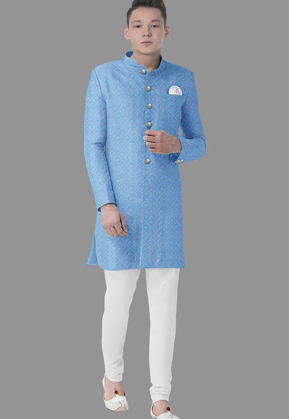 Embroidered Georgette Sherwani in Light Blue