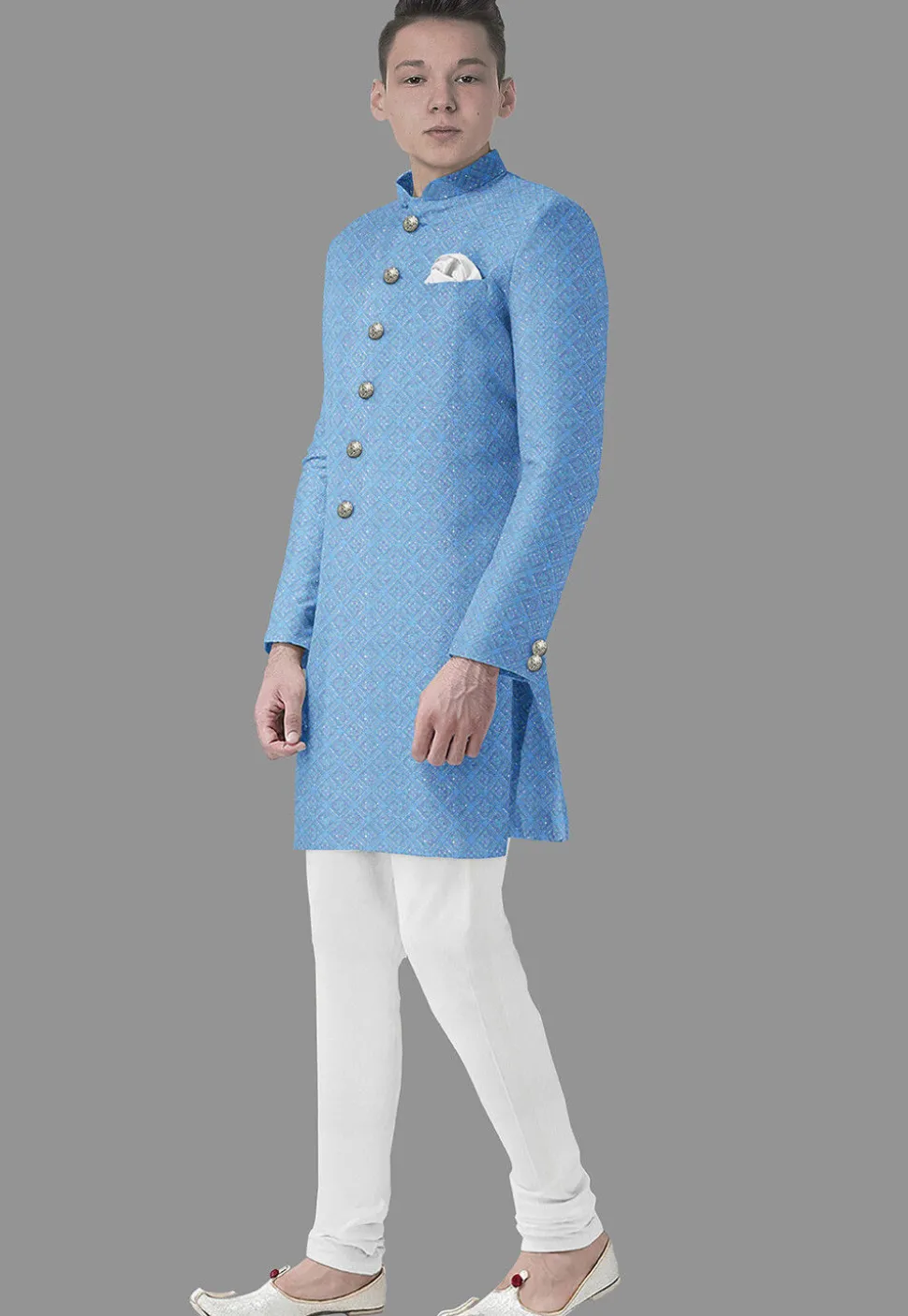 Embroidered Georgette Sherwani in Light Blue