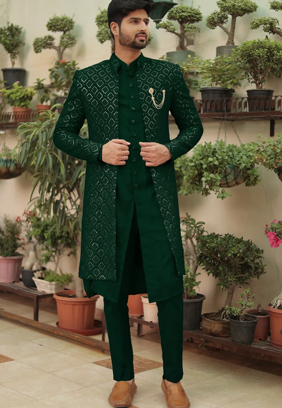 Embroidered Georgette Sherwani in Dark Green