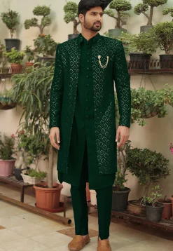 Embroidered Georgette Sherwani in Dark Green