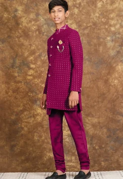 Embroidered Georgette Sherwani in Magenta