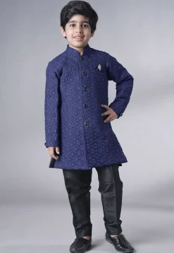 Embroidered Georgette Sherwani Set in Navy Blue