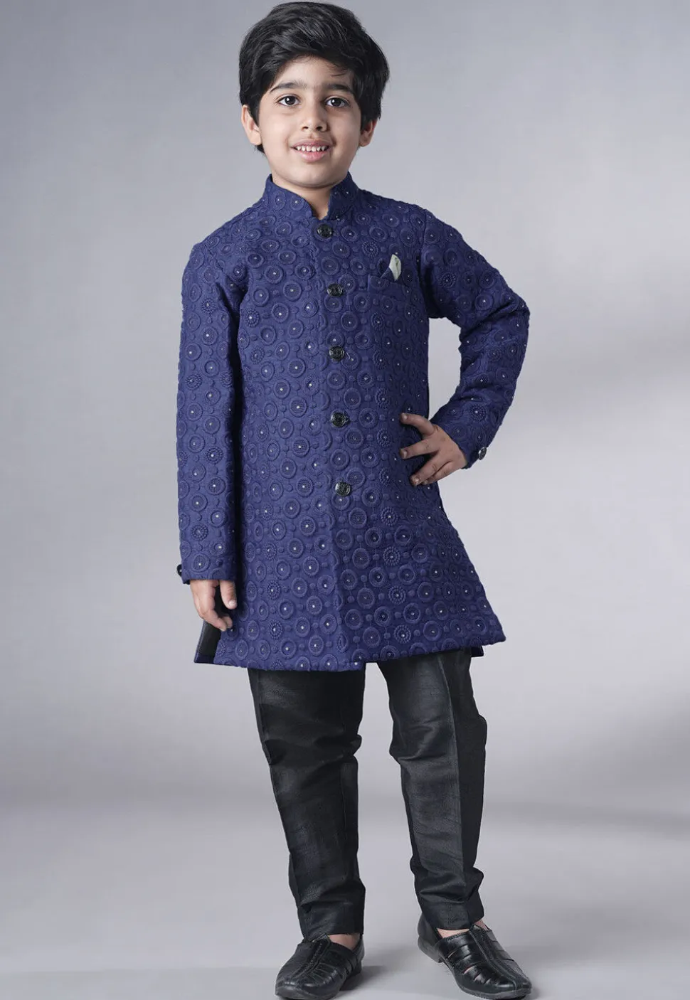 Embroidered Georgette Sherwani Set in Navy Blue