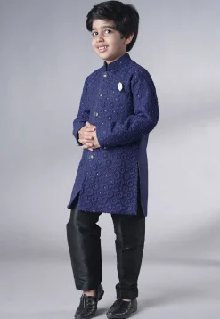 Embroidered Georgette Sherwani Set in Navy Blue