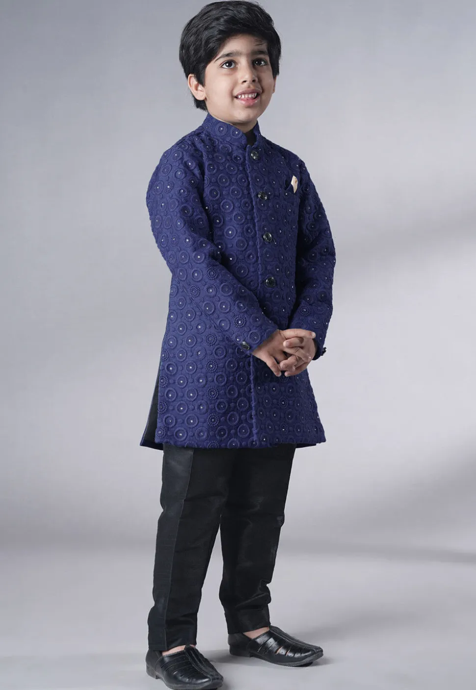 Embroidered Georgette Sherwani Set in Navy Blue