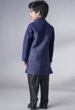Embroidered Georgette Sherwani Set in Navy Blue