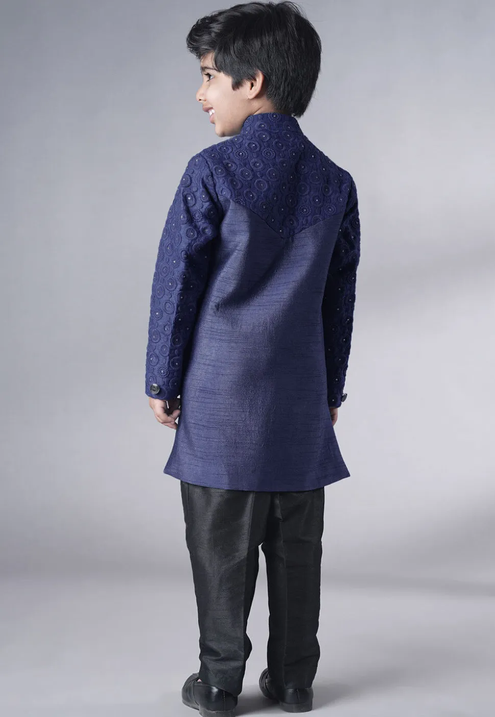 Embroidered Georgette Sherwani Set in Navy Blue