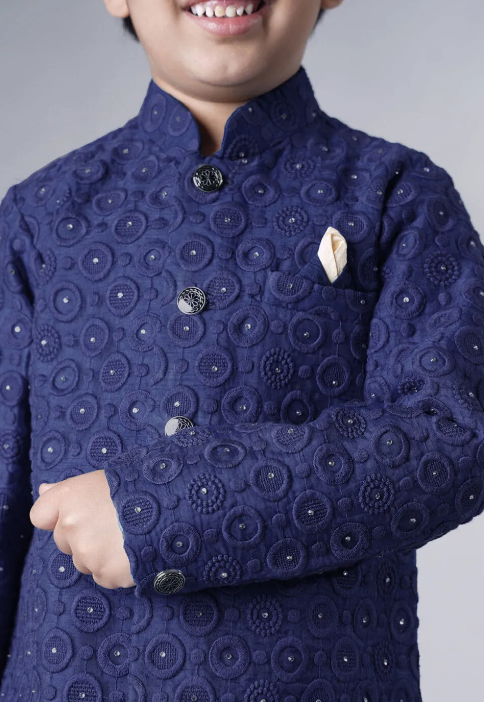 Embroidered Georgette Sherwani Set in Navy Blue