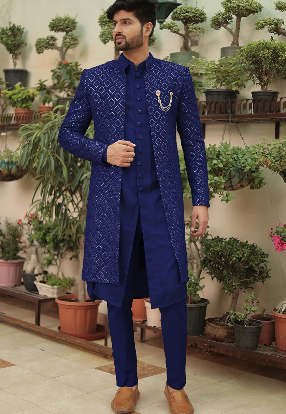 Embroidered Georgette Sherwani in Royal Blue