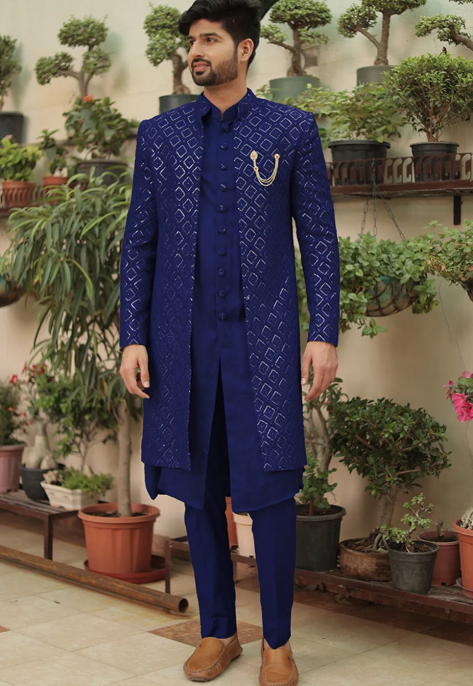 Embroidered Georgette Sherwani in Royal Blue