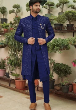 Embroidered Georgette Sherwani in Royal Blue