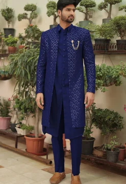 Embroidered Georgette Sherwani in Royal Blue