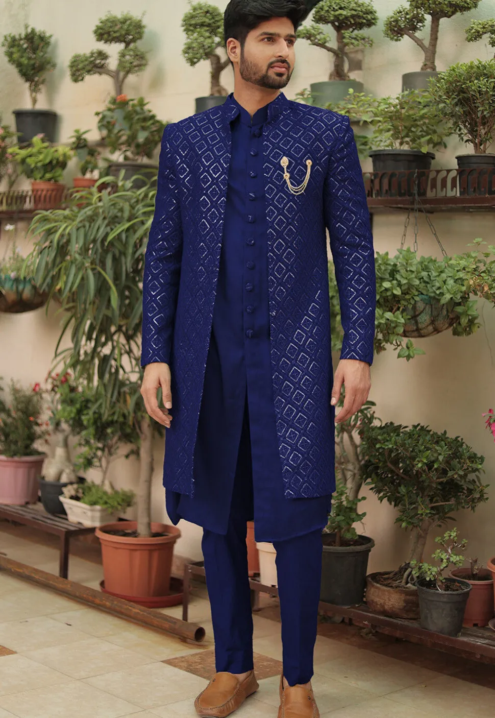 Embroidered Georgette Sherwani in Royal Blue