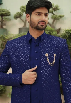 Embroidered Georgette Sherwani in Royal Blue