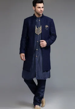 Embroidered Georgette Sherwani in Navy Blue