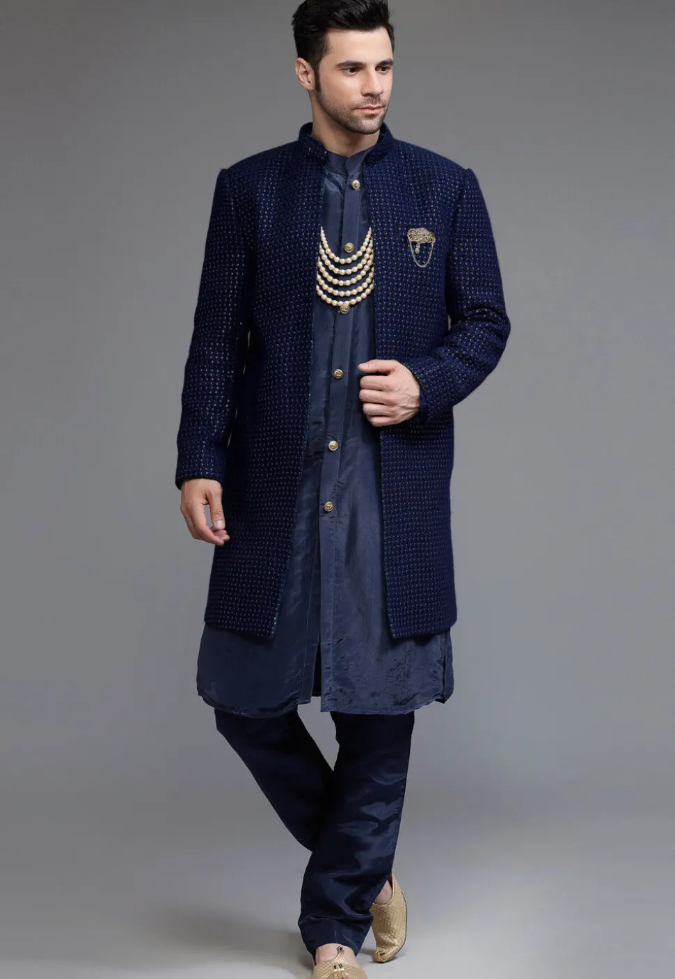 Embroidered Georgette Sherwani in Navy Blue