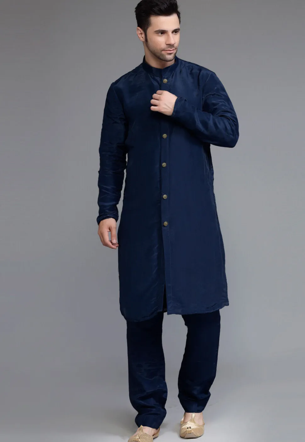 Embroidered Georgette Sherwani in Navy Blue
