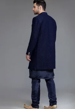 Embroidered Georgette Sherwani in Navy Blue