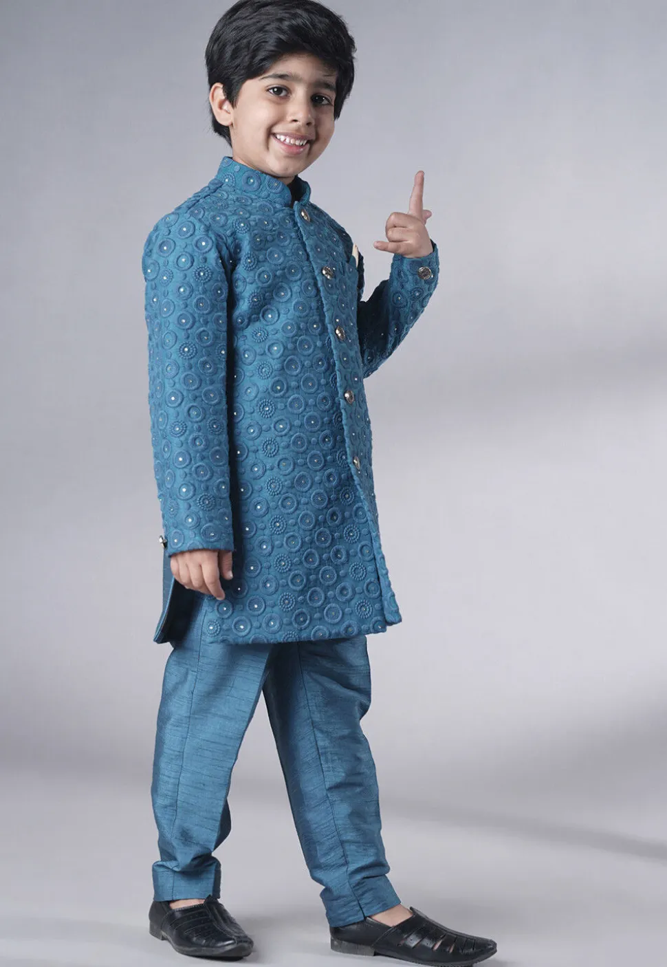 Embroidered Georgette Sherwani Set in Teal Blue