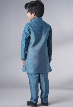 Embroidered Georgette Sherwani Set in Teal Blue