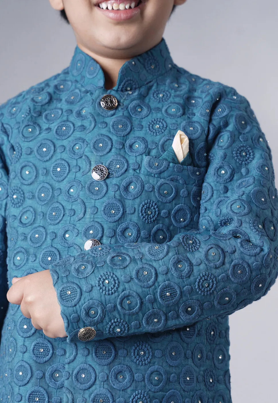 Embroidered Georgette Sherwani Set in Teal Blue