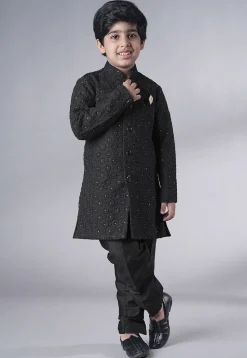 Embroidered Georgette Sherwani Set in Black