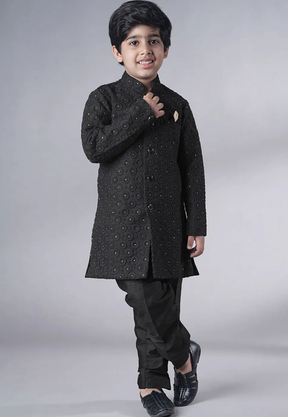Embroidered Georgette Sherwani Set in Black