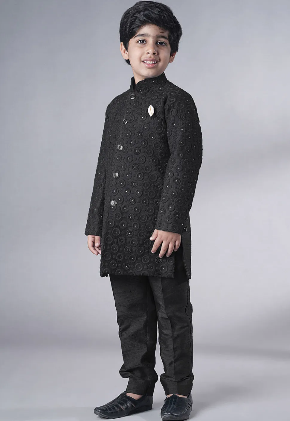 Embroidered Georgette Sherwani Set in Black