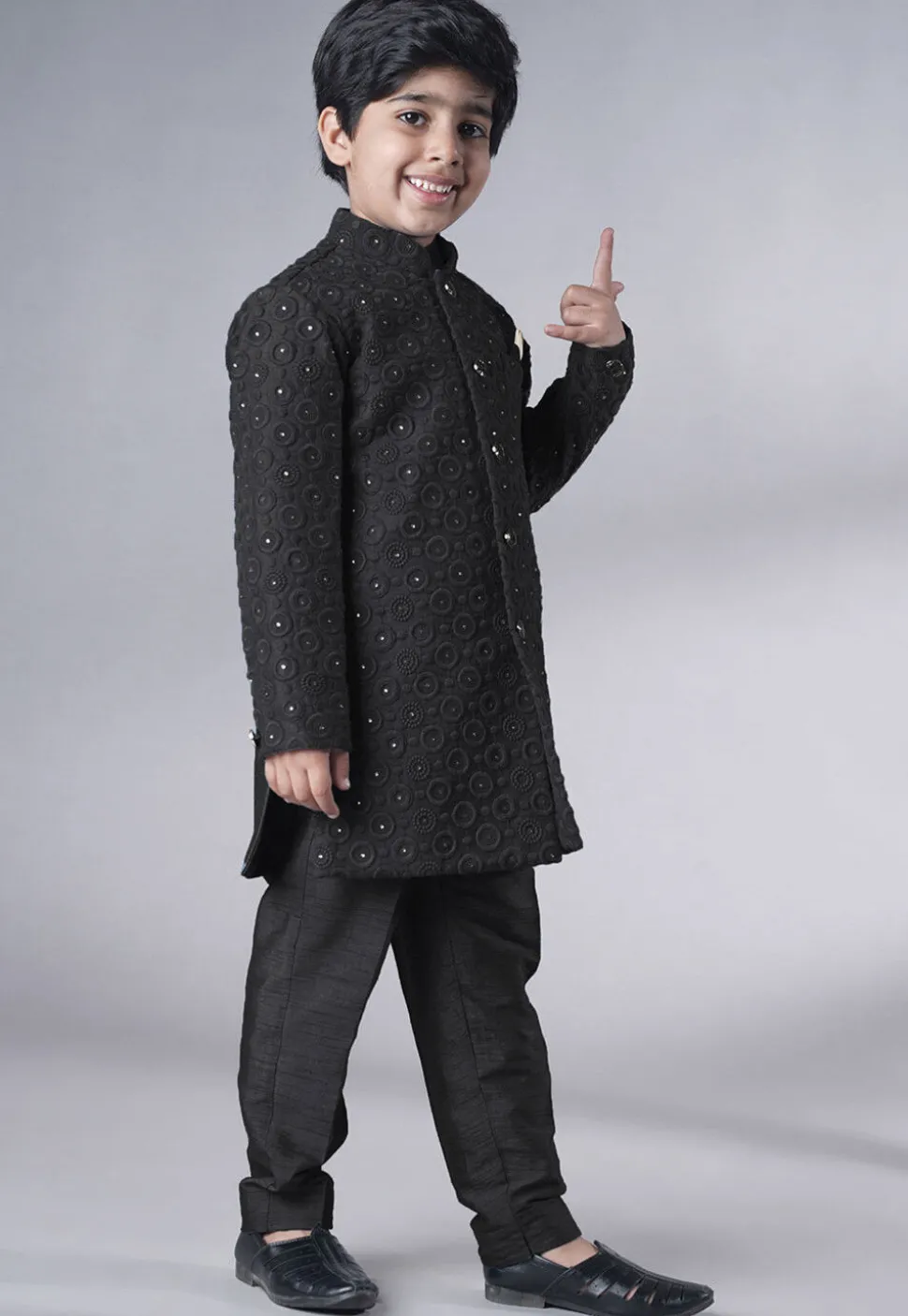 Embroidered Georgette Sherwani Set in Black