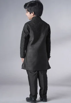 Embroidered Georgette Sherwani Set in Black